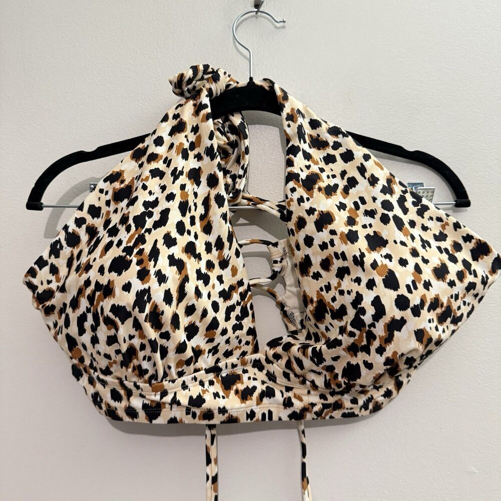 New Wild Fable Swim Top Womens 3X Plus Leopard Print Glam Halter Tie Back Brown
